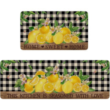 Lemon Kitchen Rugs Set of 2 Buffalo Plaid Non-Slip Washable