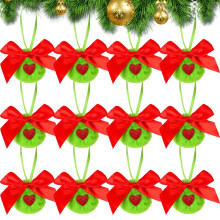 Green Furry Christmas Ball Ornament with Red Bow 1 Pack
