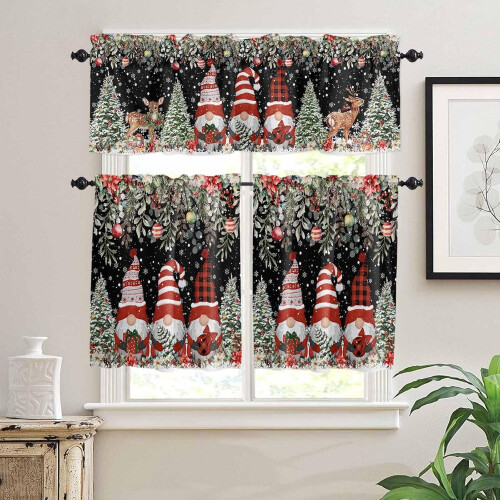 Kitchen Curtains Set Farmhouse Poinsettia Design 3-Pc 1