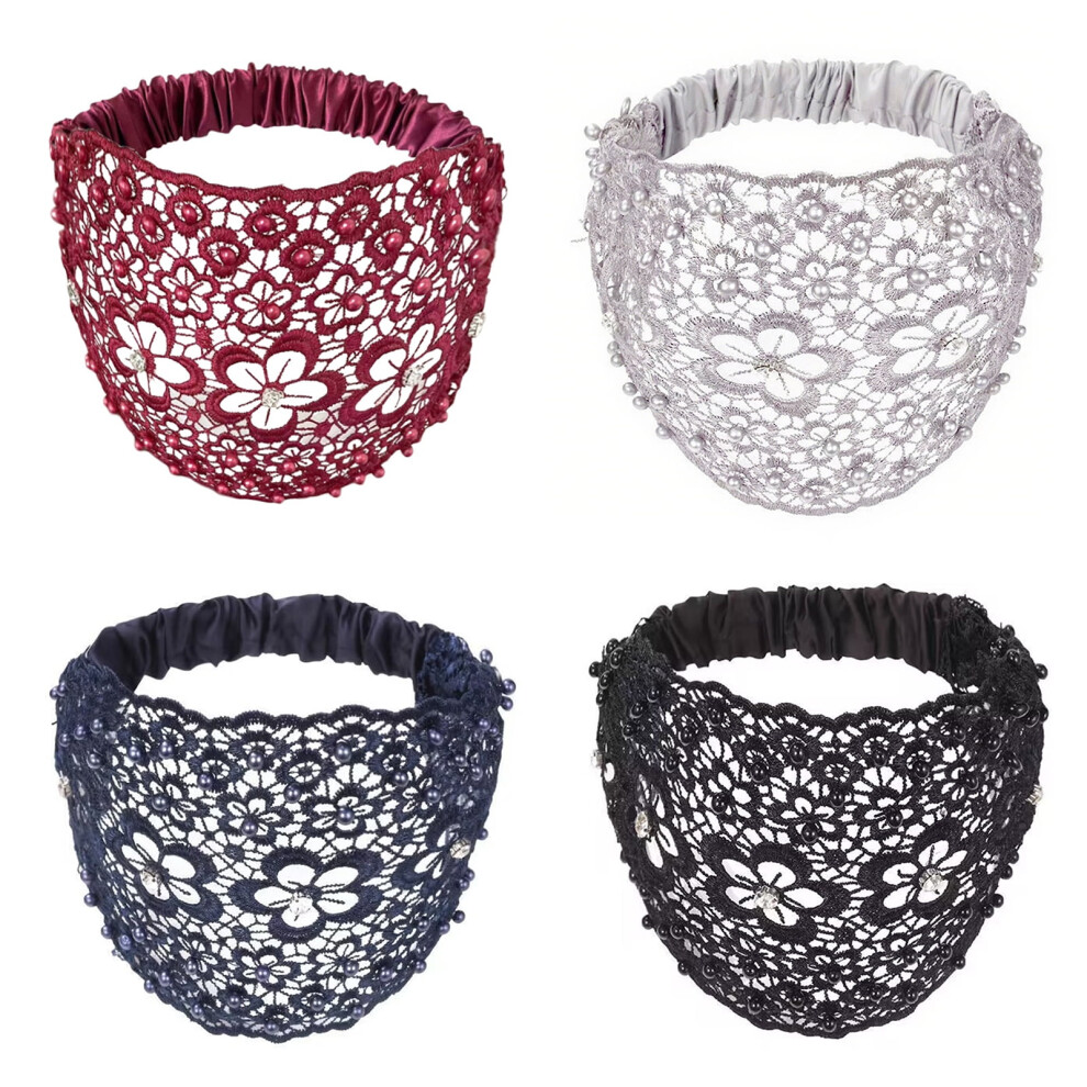 Women's Floral Lace Headband with Faux Pearls, 4 pcs