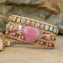 Boho Natural Stone Heart Charm Bracelet Red Multicolor