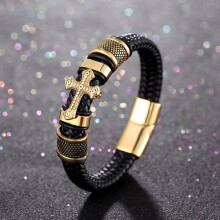 PU Leather Braided Cross Charm Bracelet for Men Golden
