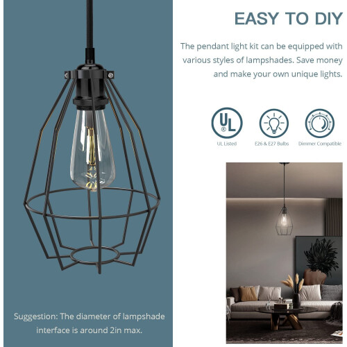 Black Pendant Light Fitting Industrial Style Adjustable 2