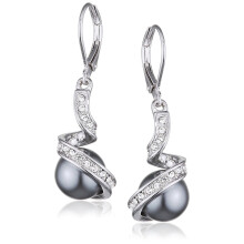 Gray Pearl Dangle Earrings White Gold Plated Leverback