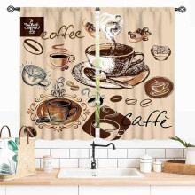 Farmhouse Coffee Curtains Beige Latte Tea Cup Design 2