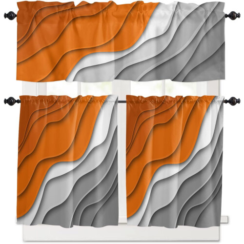 Geometric Kitchen Curtain Set Orange Grey 3-Pc