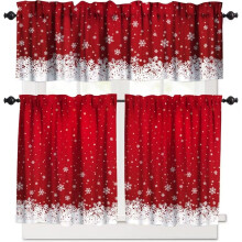 Christmas Kitchen Curtains Snowflake Print Red 3-Piece Set