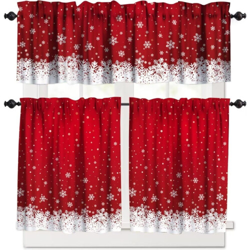 Christmas Kitchen Curtains Snowflake Print Red 3-Piece Set
