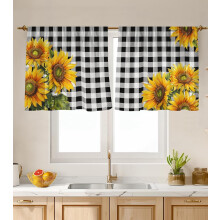 Sunflower Black and White Checkered Kitchen Curtains 26x24