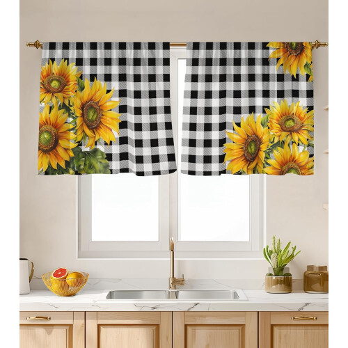 Sunflower Black and White Checkered Kitchen Curtains 26x24