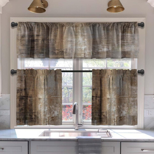 Kitchen Curtains Set Brown Grey Abstract 3pcs