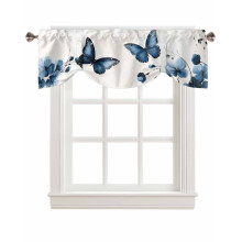 Cantonnière vintage à motif aquarelle de papillons et de fleurs bleues, passe-tringle.
