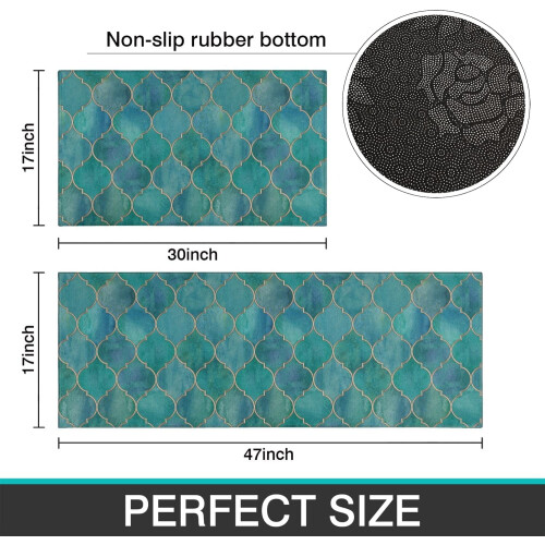 Teal Kitchen Rug Set 2 pcs Washable Non-Slip Floor Mat 2