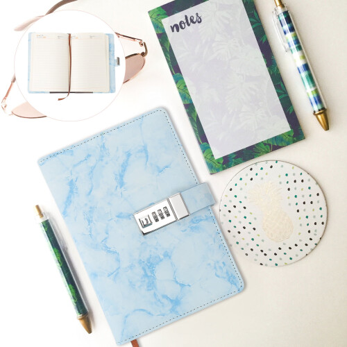 FRCOLOR Blue PU Lock Diary Creative Design 6x4 inches 2