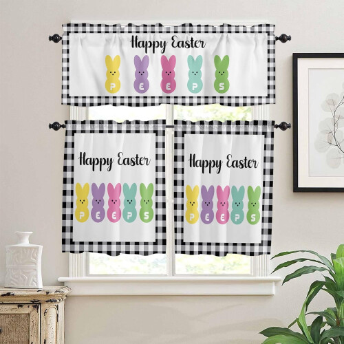 Easter Kitchen Curtain Set Bunny Black Buffalo Plaid 3-Piece 1