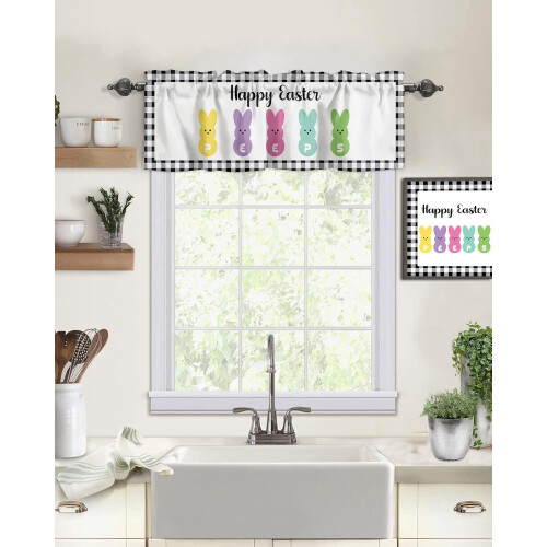 Easter Kitchen Curtain Set Bunny Black Buffalo Plaid 3-Piece 2