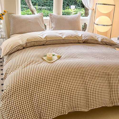 Gingham Duvet Cover Set Full Size Brown Plaid Bedding with 1