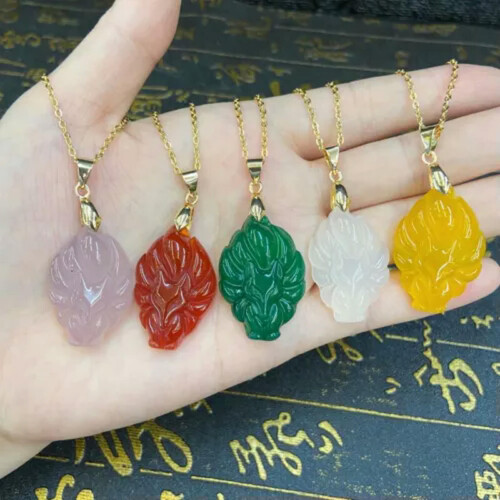 Nine-Tailed Fox Pendant Necklace Hand-Carved Green 1
