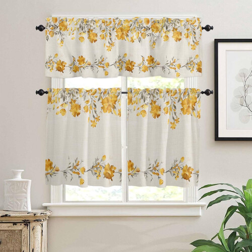 Botanical Kitchen Curtains Grey Yellow Farmhouse Tier 1