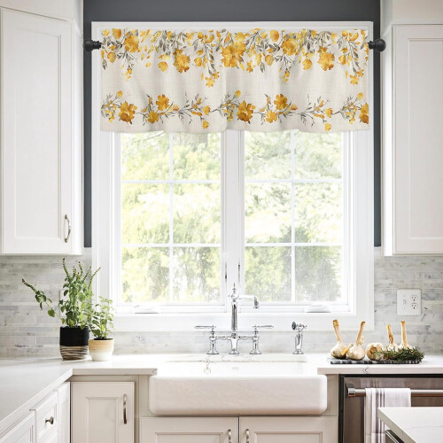 Botanical Kitchen Curtains Grey Yellow Farmhouse Tier 2