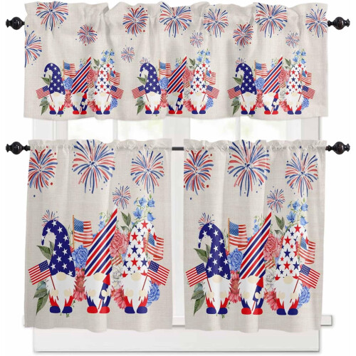 Σετ κουρτινών κουζίνας Blue Gnomes 4th of July Rustic Floral 1