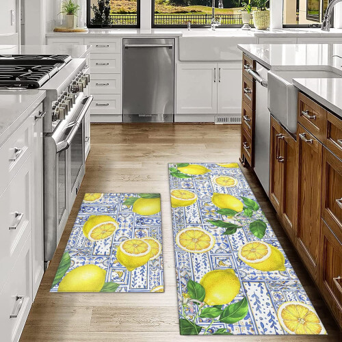 Lemon Kitchen Rug Mat Non-Slip Washable Set of 2 1