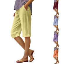 Pantaloni scurți Bermuda din bumbac și in pentru femei, cu elastic în talie, drepți