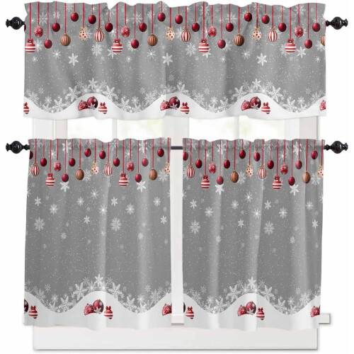 Christmas Kitchen Curtains Set Grey Farmhouse Snowflake Red