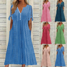 Γυναικείο Φόρεμα Maxi με V-Neck, Τσέπες και Κουμπιά