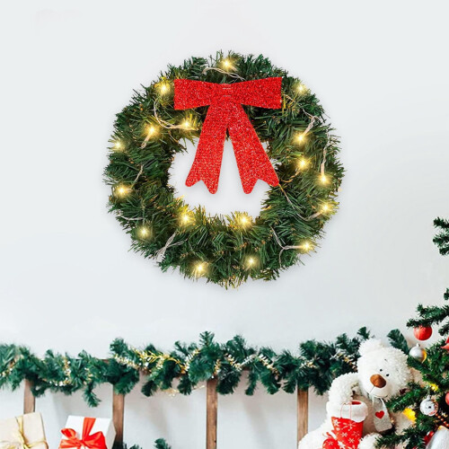 Pre-lit Christmas Wreath 16 Inch Artificial Green with 20