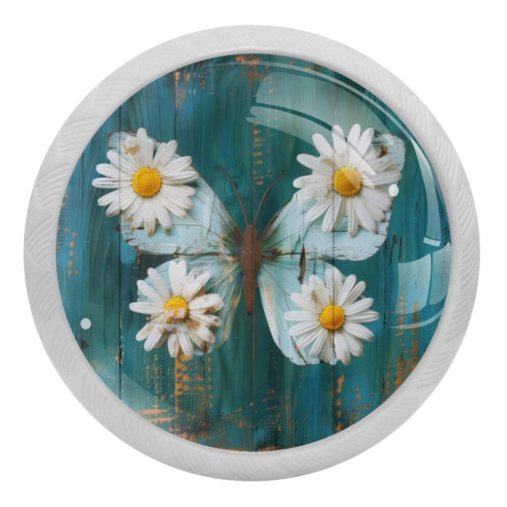 Daisy Butterfly Teal Wooden Cabinet Knobs 4 Pcs 9027700291348
