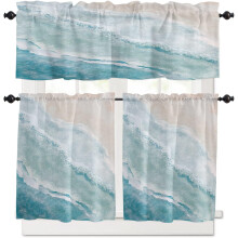 Beach Kitchen Curtains Set Aqua Beige 24 inch