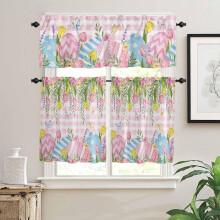 Spring Easter Kitchen Curtains Set Pink Plaid Floral Eggs