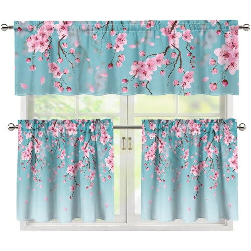 Plum Blossoms Kitchen Curtains Set 24 inch 3-Piece Rod