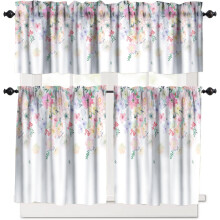 Watercolor Pink Floral Kitchen Curtains Valance Set 3 Pieces