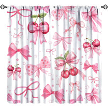 Pink Bow Curtains with Cherries Ribbons Stars Print 63x63
