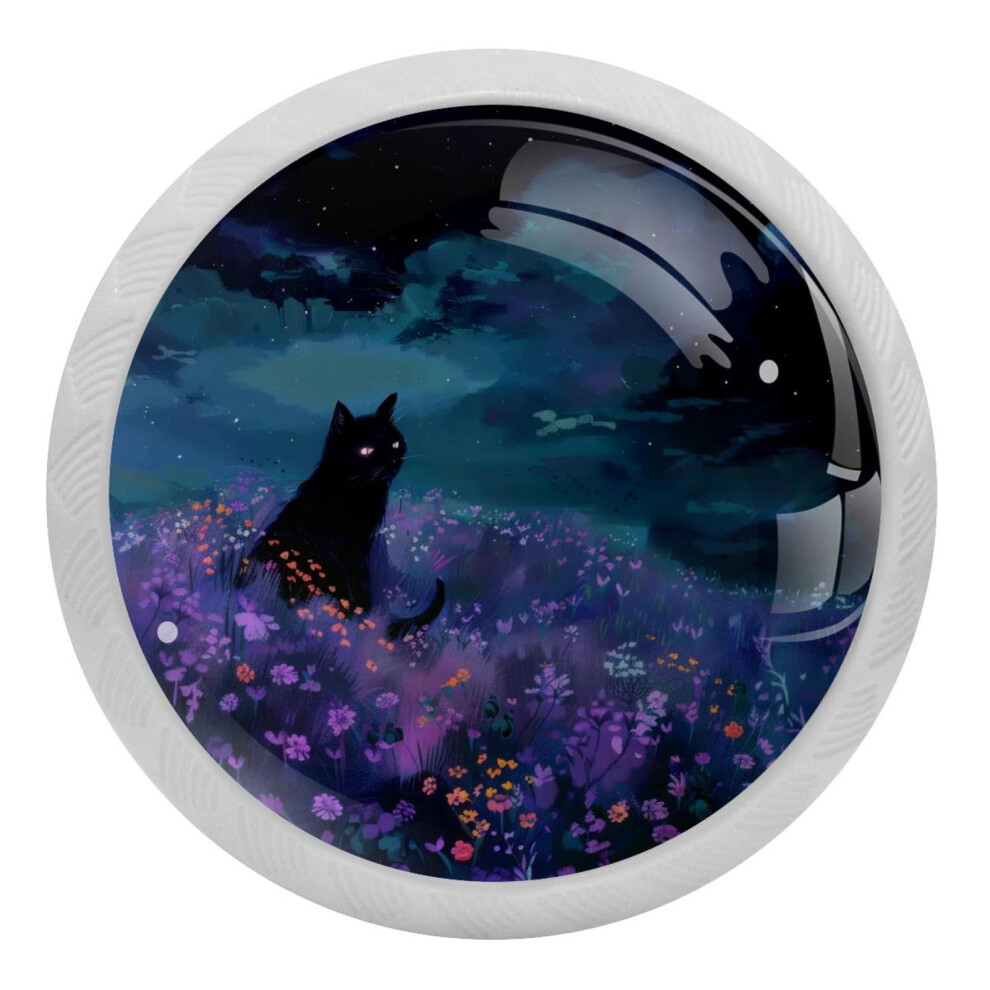 Purple Flower Field Black Cat Crystal Cabinet Knobs 4 Pcs 9027700301856