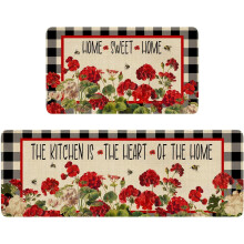 Farmhouse Kitchen Rugs Set of 2 Geranium Bee Red Floral