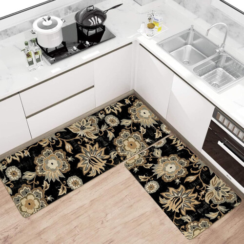 Boho Kitchen Mat Set Black Paisley Floral 2 pcs 17x47 in +
