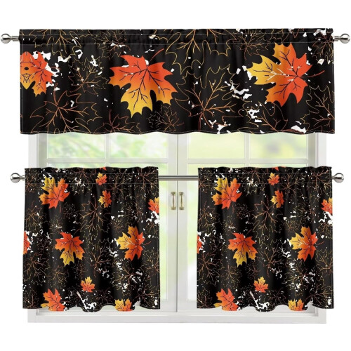 Maple Leaves Red Kitchen Curtains Rod Pocket 3-Piece Set