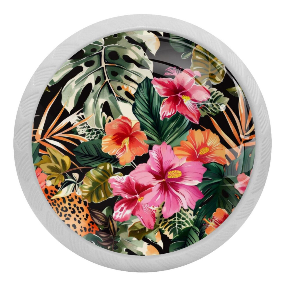 Tropical Flower Leopard Cabinet Knobs 4Pcs Glass 9027700318809