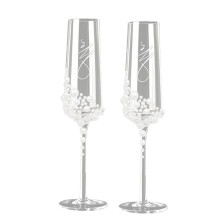 Elegant Pearl Crystal Champagne Glasses with Cursive Script Design,Handcrafted Clear Glassware for Wedding,Bridal Shower
