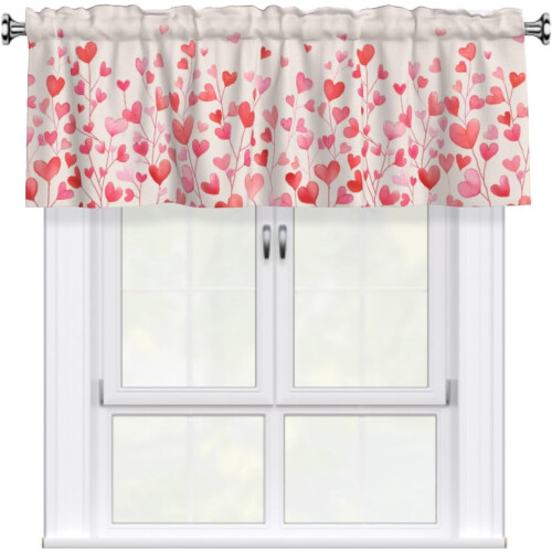 Valentine's Kitchen Valance Pink Red Hearts Rod Pocket