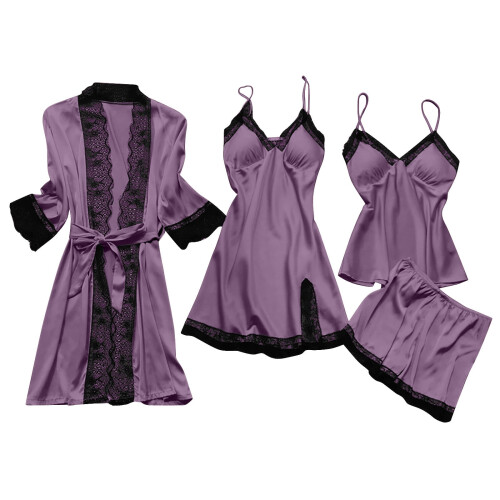 Women's Silk Pajama Set Vintage Solid Long Sleeve Tank Top