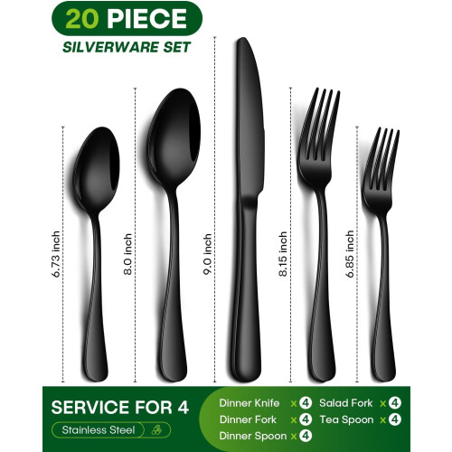 Black Stainless Steel Flatware Set 20-Pc for 4 1