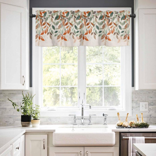 Eucalyptus Leaf Kitchen Curtains Set Orange Green 3-Piece 2