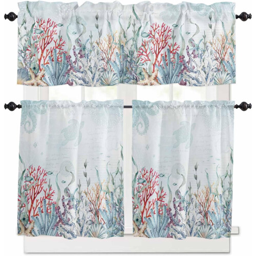 Coastal Coral Kitchen Curtains and Valances Set with 1