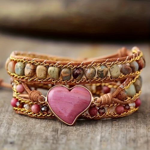 Boho Natural Stone Heart Charm Bracelet Red Multicolor 1