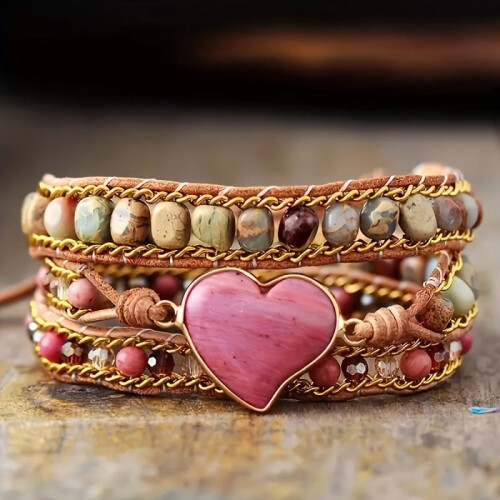 Boho Natural Stone Heart Charm Bracelet Red Multicolor 2