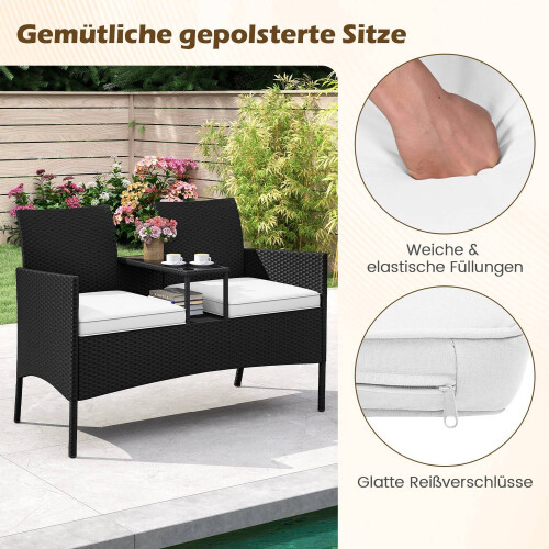 2-seters polyrattan hagebenk med bord, hvit 2